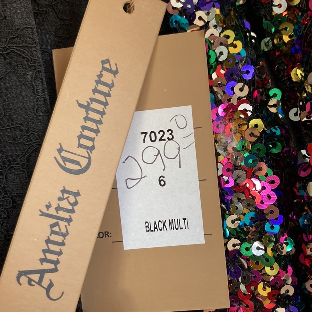 Black/multi color sequinned Prom gown.      Amelia Couture. Size 6 - Picture 7 of 7